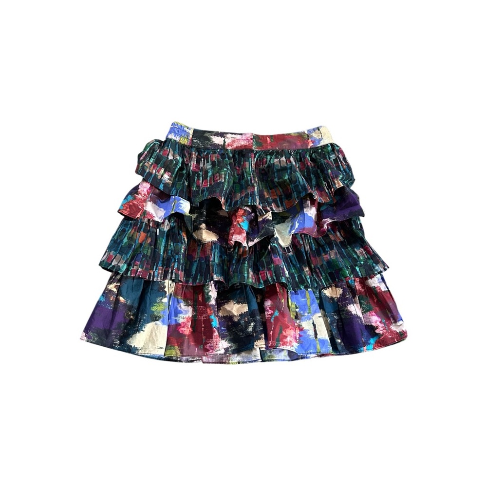 ALLISON NY Tiered Ruffle Mini Skirt Abstract Floral 100% Cotton Festival Boho S